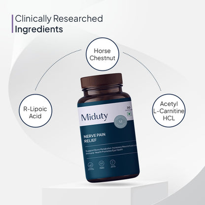 Miduty by Palak Notes Nerve Pain Relief Nerve Damage for Nerve Blocks, Acetyl L-Carnitine, R-Lipoic Acid, Horse Chestnut, Combats Sciatica Pain & Tingling Sensation, Nerve Pain Relief Pack - 30 Caps