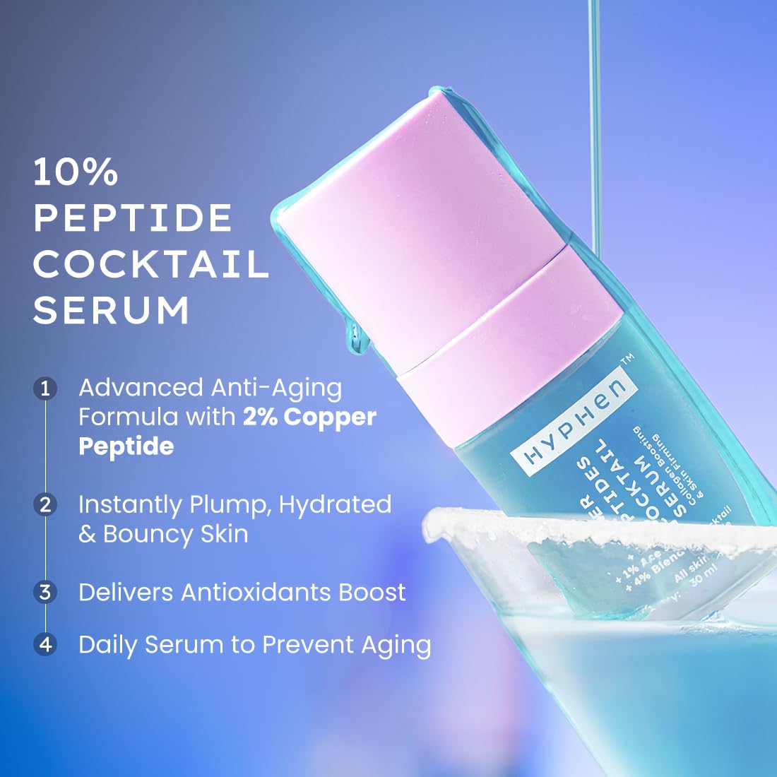 Hyphen 10% Power Peptide & 2% Copper Peptide Serum| Advanced Anti-Aging Formula | Reduces Fine Lines & Wrinkles | Glowing Skin | Face Serum For Men & Women | All Skin Types - 30ml