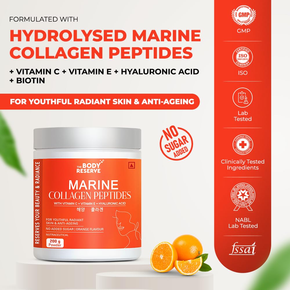 The Body Reserve Marine Collagen Peptides (Orange, 200g) | With Vitamin C, Vitamin E, Sodium Hyaluronate & Biotin | Supplement for Healthy Skin, Hair & Nails | Hydrolyzed Fish Powder for Women & Men