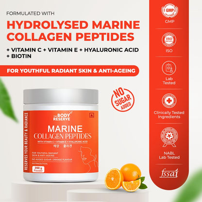 The Body Reserve Marine Collagen Peptides (Orange, 200g) | With Vitamin C, Vitamin E, Sodium Hyaluronate & Biotin | Supplement for Healthy Skin, Hair & Nails | Hydrolyzed Fish Powder for Women & Men