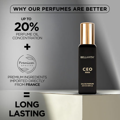 Bella Vita Luxury CEO MAN Eau De Parfum | Office Wear Perfume for Men with long lasting notes of Tonka and Agarwood 20 ML