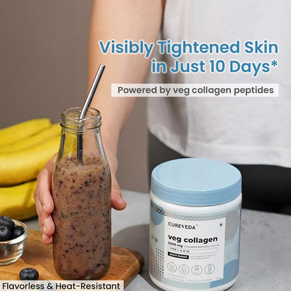 Cureveda Veg Collagen 5000mg Collagen Peptide with added Vitamin C & E, Grapeseed Extract For Healthy Skin, Hair & Nails | Men & Women - 150 gm Powder Unflavoured