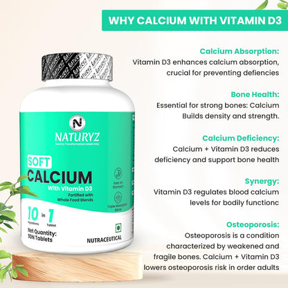 Naturyz Soft Calcium with Plant Vitamin D3 | Highest 10 Nutrients | Easy to Digest | Zinc | Magnesium | Fortified with Whole foods | Faster Absorption Triple Blend | Ideal Supplement for Bone Health & Joint Support - 90 Tablets