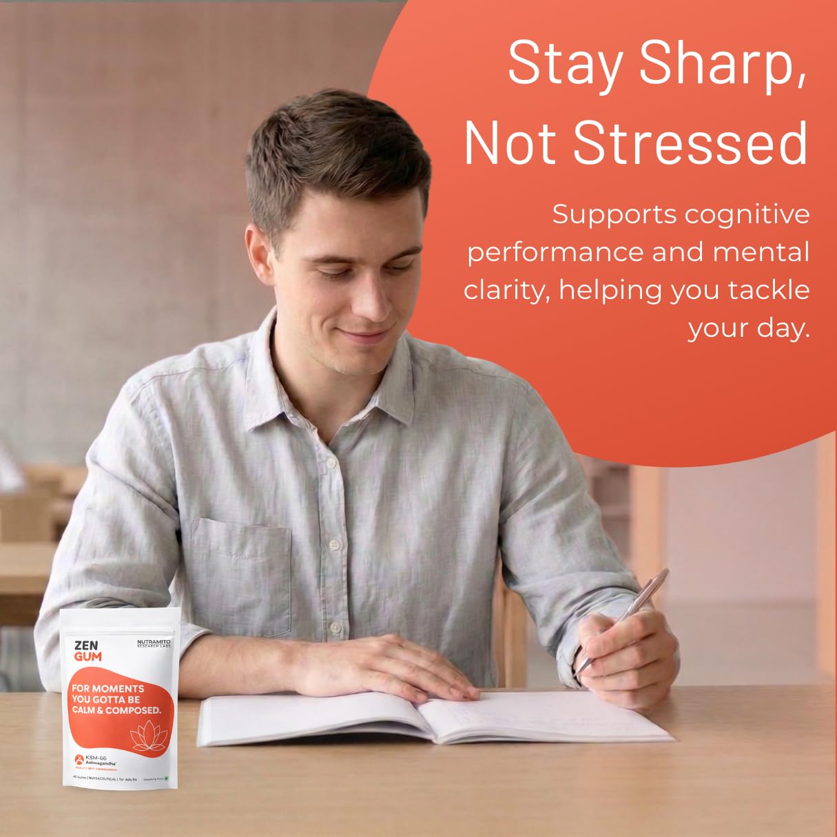 NUTRMITO Zen Gum KSM-66 Ashwagandha Chewing Gum, Strawberry Flavor, 40 Gums, Stress Management and Calm Support