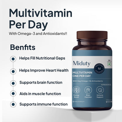 Miduty by Palak Notes Multivitamin, Multivitamin with Omega 3 Immunity Booster & Muscle Function Multivitamin for Men & Women, Multivitamin Supplement Multivitamin Pack - 30 Capsule
