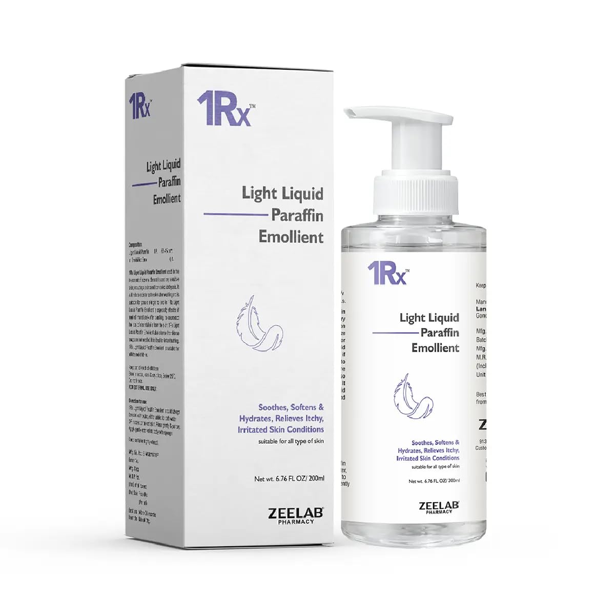 Zeelab 1RX Light Liquid Paraffin Emollient Lotion 200ml | Lanolin-Free Moisturising Lotion for Dry & Sensitive Skin | Daily Hydration & Skin Barrier Support | Body Moisturiser for Adults & Children