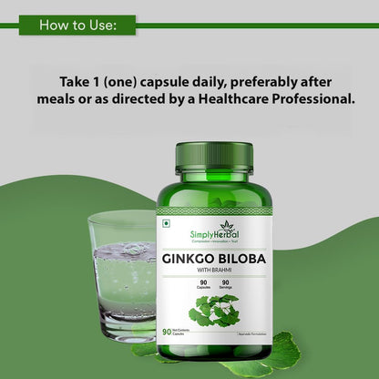 Simply Herbal Ginkgo Biloba 120mg With Bacopa Monnieri Extract Brahmi 380mg for Better Concentration, Improves Blood Circulation, Enhance Alertness, Memory & Learning, 90 Capsules