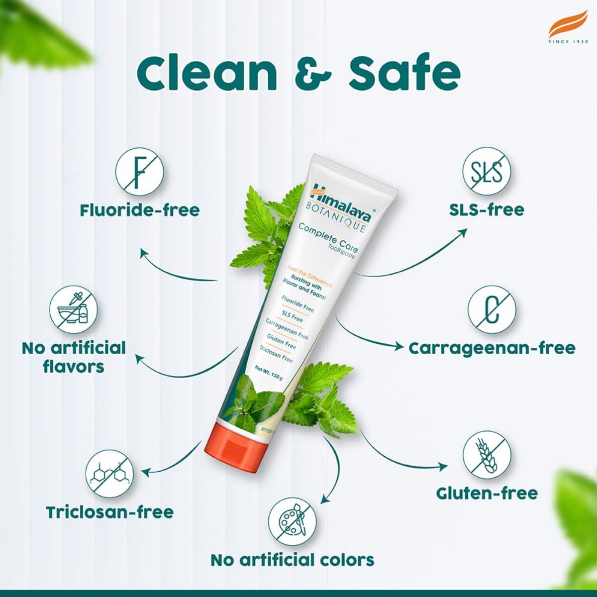Himalaya Botanique Complete Care Toothpaste 150g, Mint | Protects teeth from Germs & Plaque, Freshens Breath | Fluoride & SLS Free | Clean & Herbal Formulation