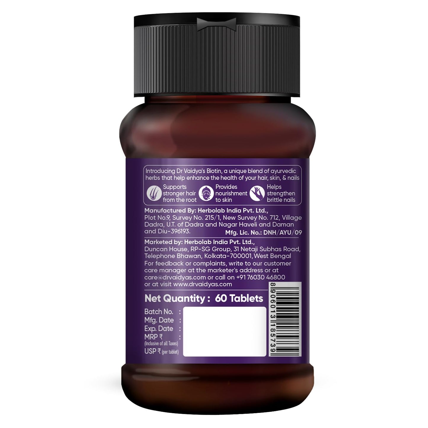 Dr. Vaidyaâ€™s Biotin Tablets for Hair Growth | Ayurvedic Hair Vitamins with Amla, Bhringraj & Bamboo Shoot | Natural Biotin Supplements for Hair Regrowth, Thinning Hair, Skin Glow & Stronger Nails (60 Tablets)