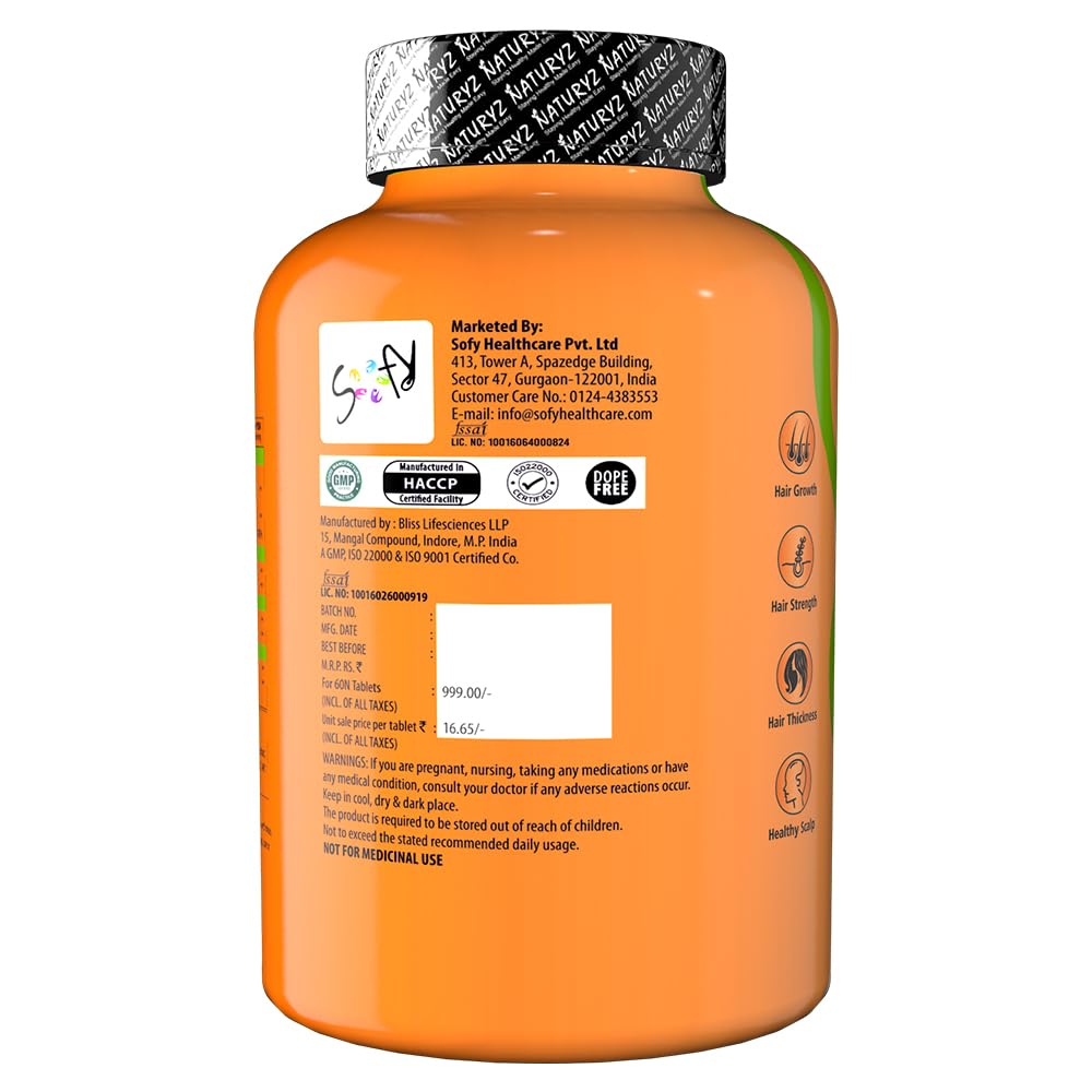 NATURYZ 100% Plant Based Biotin Tablets with High Protein Vitamin DHT Omega 3 for Strong Hairs,Nails Growth & Glowing Skin - 60 Tablets, 100 grams