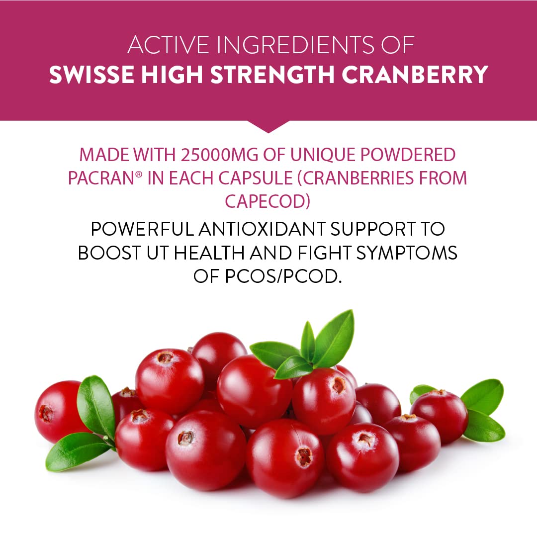 Swisse High Strength Cranberry for PCOS, PCOD & UTI - 25000mg Cranberry Extract, Antioxidant Rich Supplement Supports Bladder & Kidney Health (30 Tablets)