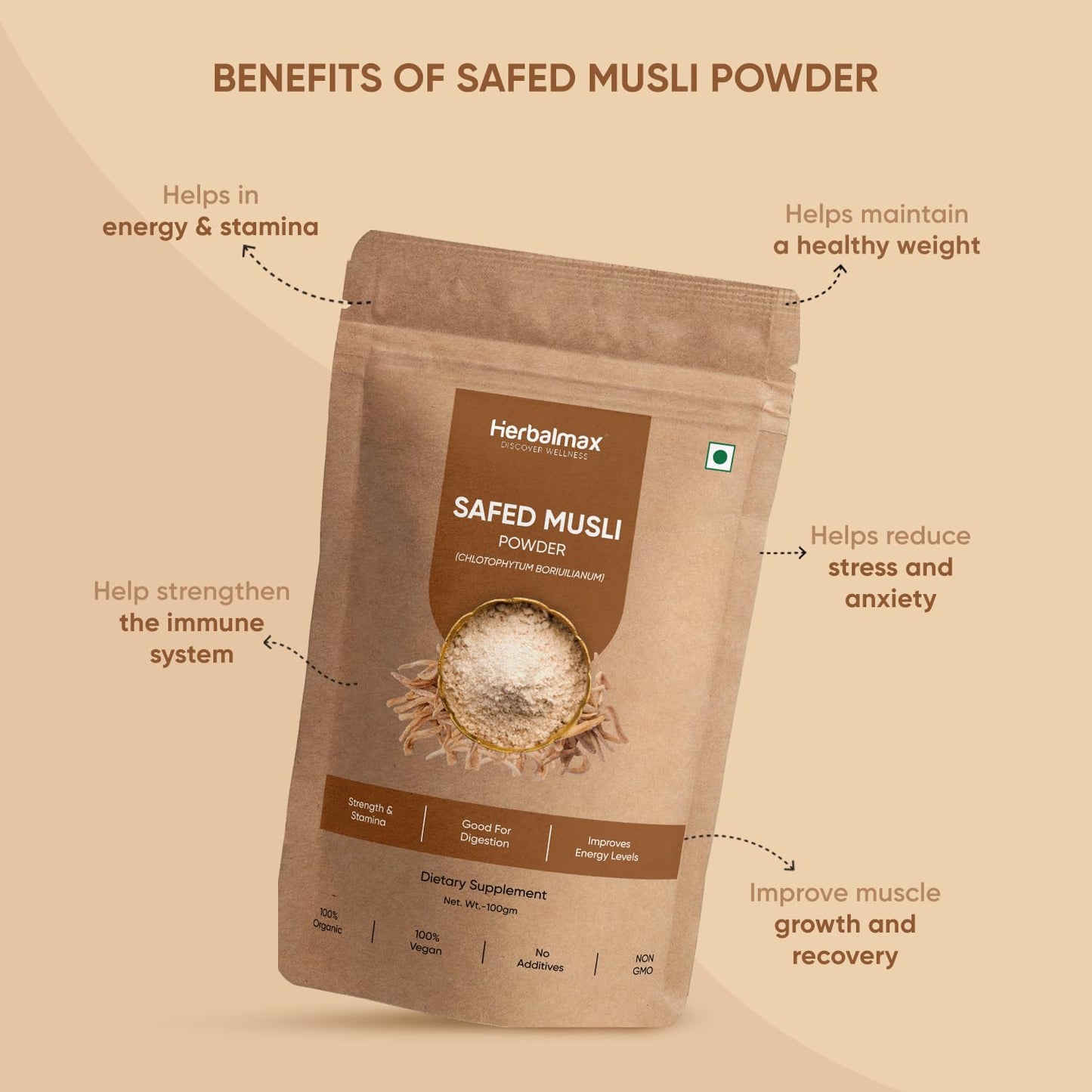 Herbal Max Organic Safed Musli Root Powder â€“ 100g | Ayurvedic Supplement for Strength, Stamina, Vitality & Performance | Herbal Health Booster