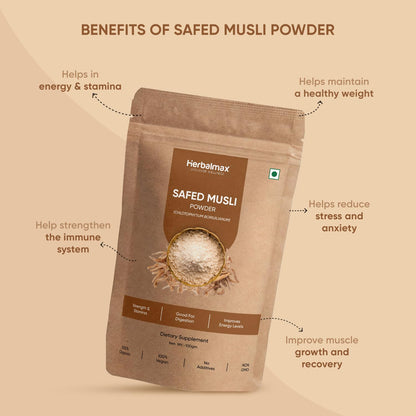 Herbal Max Organic Safed Musli Root Powder â€“ 100g | Ayurvedic Supplement for Strength, Stamina, Vitality & Performance | Herbal Health Booster