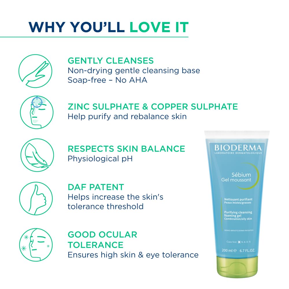 Bioderma Sebium Gel Moussant Purifying Cleansing Foaming Gel Combination To Oily Skin, 200ml