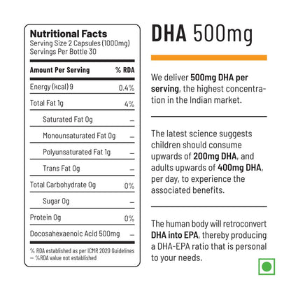 Unived Ovegha Vegan Omega-3 DHA | 1000mg Algae Oil 500mg DHA Per Serving (highest DHA/serving) | for Heart, Hair, Skin, Joint, Brain & Eye Health | 60 Vegan Capsules