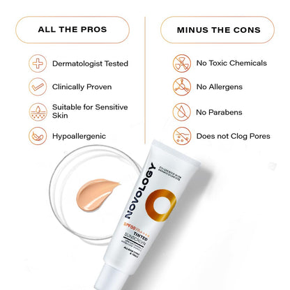 Novology SPF 50 PA++++ Tinted Sunscreen for Pigmentation, Dark Spots and Acne Marks | Blends into Natural Finish | For All Skin Types | 50 g