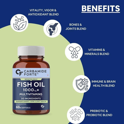 Carbamide Forte Fish Oil with Multivitamin and Omega 3 1000mg Capsules for Men & Women | Fish Oil And Multivitamin Combo with 30 Ingredients - 60 Softgel Capsules, 110 grams