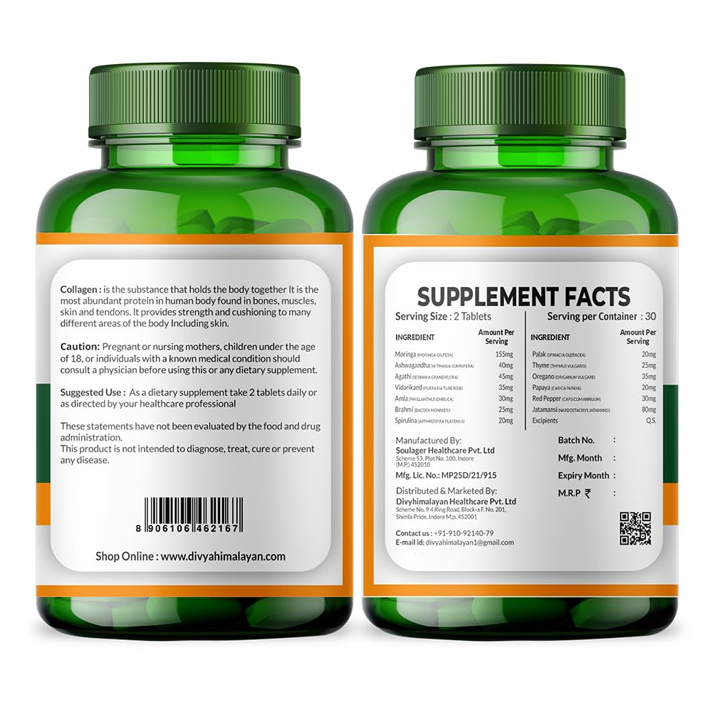 Divya Himalayan Collagen Support Supplement, 60 Tablets, Skin Health, Joint Flexibility, Hair Strength, Herbal Blend, Vitamin C, Biotin, Silica.