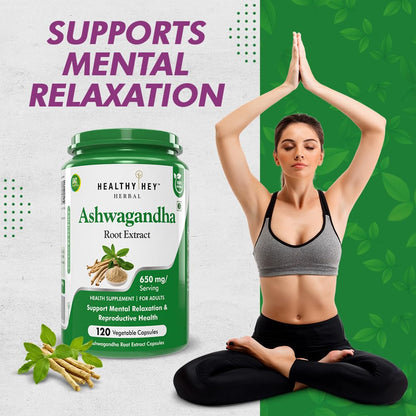 HealthyHey Herbal Ashwagandha root extract - 650 mg per serving - 120 vegetable capsules
