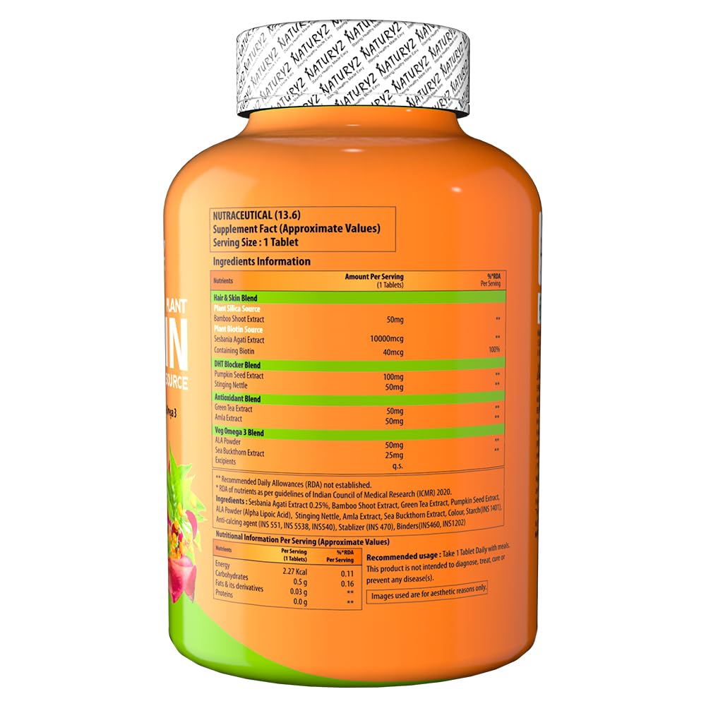 NATURYZ 100% Plant Based Biotin Tablets with High Protein Vitamin DHT Omega 3 for Strong Hairs,Nails Growth & Glowing Skin - 60 Tablets, 100 grams