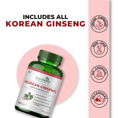 Simply Herbal Korean Red Ginseng 1000mg â€“ 90 Veg Capsules | Energy, Vitality & Stamina Support | Herbal Adaptogen Supplement for Men & Women