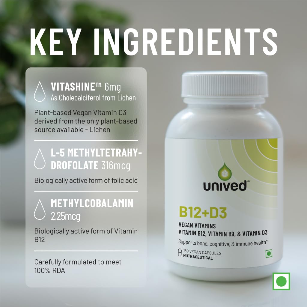 Unived B12+D3 | Methylcobalamin (98%), Methyltetrahydrofolate (5-MTHF), Vitamin D3 (Cholecalciferol) | Bone, Cognitive, Immune, & Cardiovascular Support | 180 Vegan Capsules