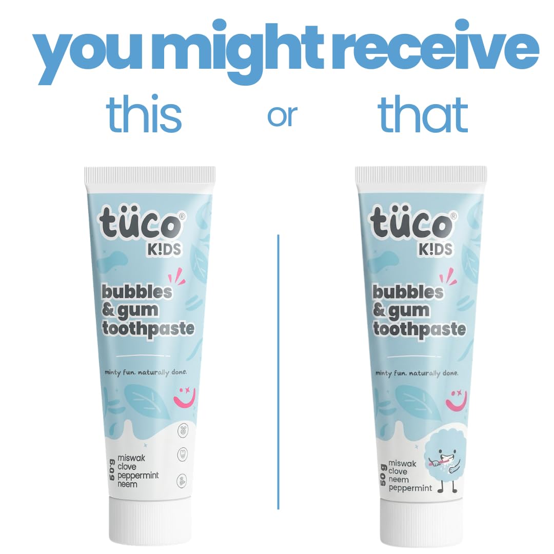 TucoÂ® Kids Bubbles & Gum Anticavity Toothpaste | Peppermint Flavour | Fluoride for Cavity & Enamel Protection | No added Color | SLS Free | Infused with Clove, Neem & Miswak | Ages 4+ Years | 50gm (pack of 1)