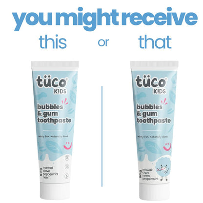 TucoÂ® Kids Bubbles & Gum Anticavity Toothpaste | Peppermint Flavour | Fluoride for Cavity & Enamel Protection | No added Color | SLS Free | Infused with Clove, Neem & Miswak | Ages 4+ Years | 50gm (pack of 1)