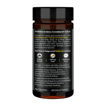 MuscleBlaze Koshaveda Shilajit Pro Gold by (60 Tablets) | Fortified with 24 Carat Gold, Shilajit, Ashwagandha & Gokshura | For Strength, Stamina & Recovery