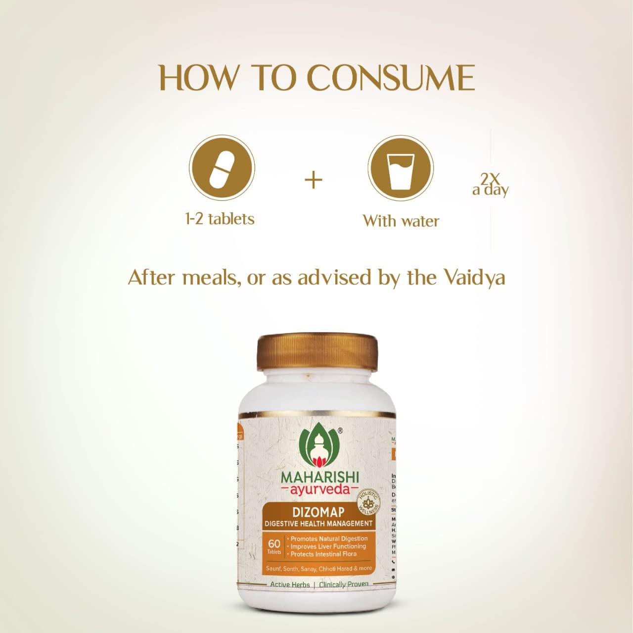 Maharishi Ayurveda Dizomap, Ayurvedic Tablet Medicine For Indigestion & Constipation, Improves Liver Functioning & Intestinal Flora, Saunf, Sonth, Sanay & Chhoti Harad, 60 Tablets