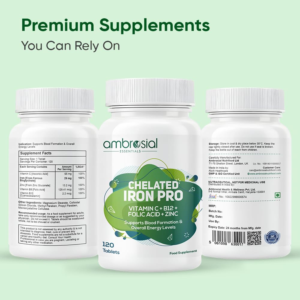 Ambrosial Iron Bisglycinate with Folic Acid, Vitamin C, Vitamin B12 & Zinc | Chelated Iron Tablets for Men & Women | 120 Vegetarian Tablets