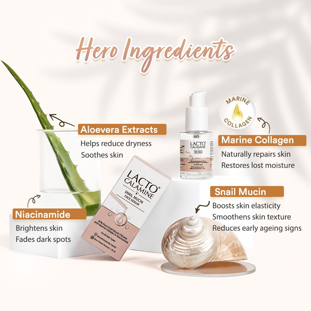 Lacto Calamine Snail Mucin Face Serum for Hydrating Skin | 30 ml | 97% Pure Snail Mucin Essence | Marine Collagen, Niacinamide Serum for Oily Skin | Dermatologically Tested | Korean Skincare
