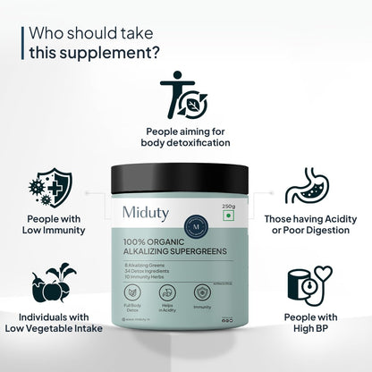 Miduty Palak Notes 100% Organic Super Greens Powder Alkalizing with Wheat Grass, Spirulina, Green Tea, and Moringa Leaves - Ultimate Body Detox & Weight Loss Support - 250 grams