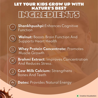 Nutrela Kids Protein Powder - 400g, Chocolate Flavour | Helps in Memory and Brain Development | Improve Muscle Mass, Bone and Teeth Strength