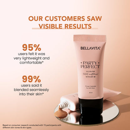 BELLAVITA Party Perfect All-in-one Tinted Moisturizer with SPF 30 | Hydrating Skin Tint, Face Primer & Sunscreen | Lightweight Formula with Adaptive Tint for Natural, Dewy Glow | 30ml (Medium Shade)