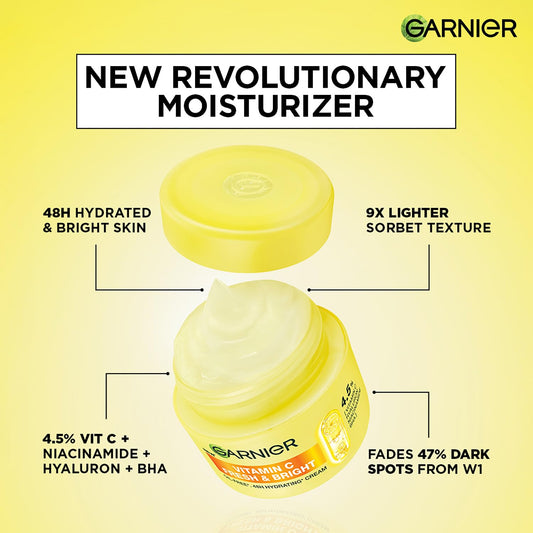 Garnier Fresh & Bright Vitamin C Sorbet Moisturizer, 4.5% Vit C + Hyaluronic Acid + Niacinamide + BHA, 9x Lighter Sorbet Cream, For Hydration & Dark Spot Reduction, Suitable for Oily to Normal & Combination Skin, 45g