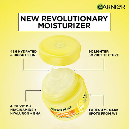 Garnier Fresh & Bright Vitamin C Sorbet Moisturizer, 4.5% Vit C + Hyaluronic Acid + Niacinamide + BHA, 9x Lighter Sorbet Texture, For Hydration & Dark Spot Reduction, Suitable for Oily to Normal & Combination Skin, 90g