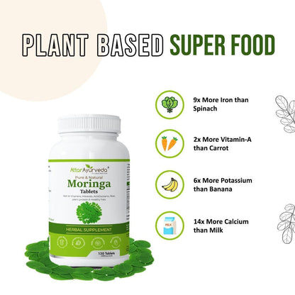 Attar Ayurveda Moringa Tablets 120 Tablets, 500 mg each | Drumstick Leaf Tablets | Pure and Natural, Highly Nutritious