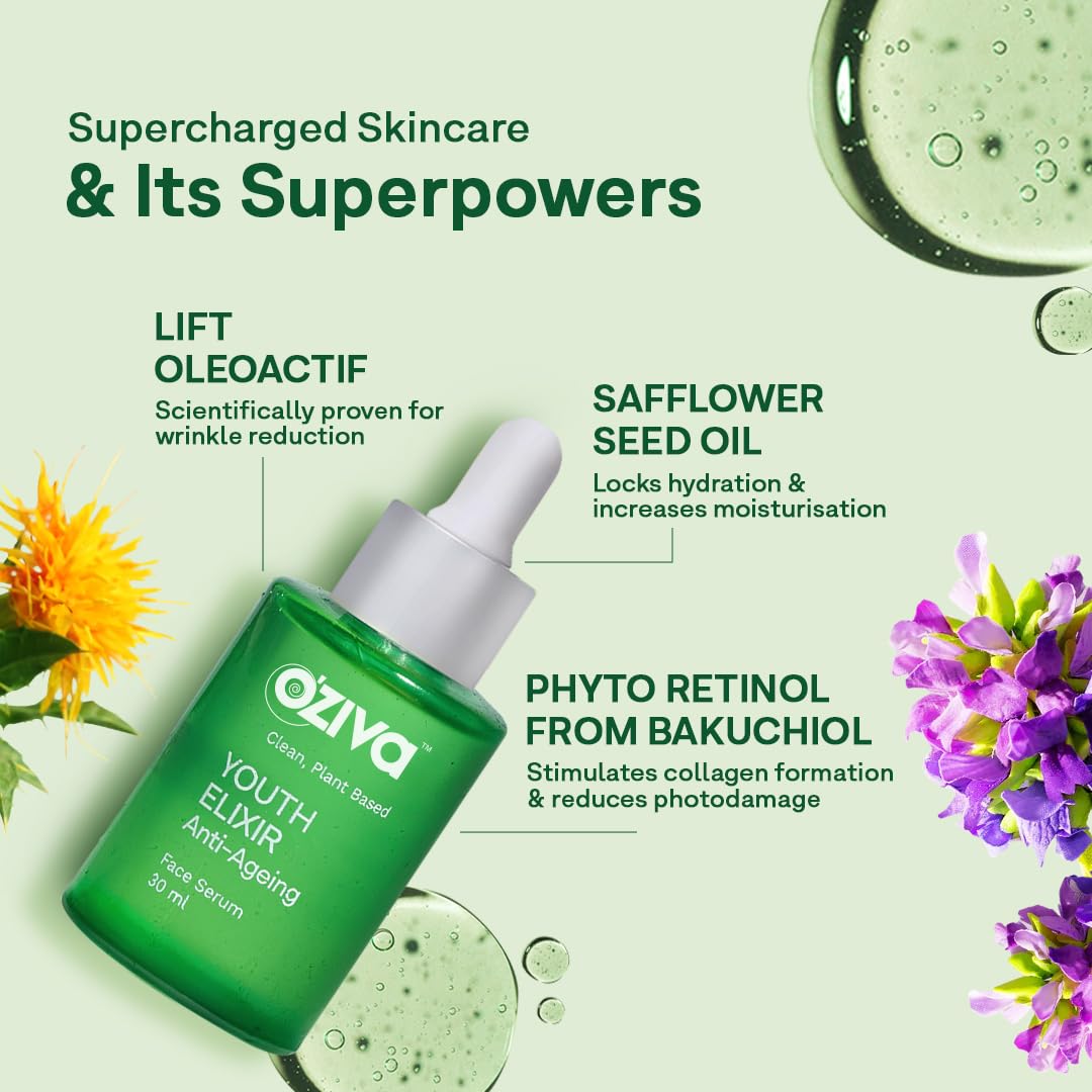OZiva Youth Elixir Phyto Retinol Anti-Ageing Serum, 30 ml | Anti-Ageing Face Serum for Men & Women for Wrinkle Reduction & Skin Tightening | Sulphate-Free | With Phyto Retinol, Rose & Tiare Flower
