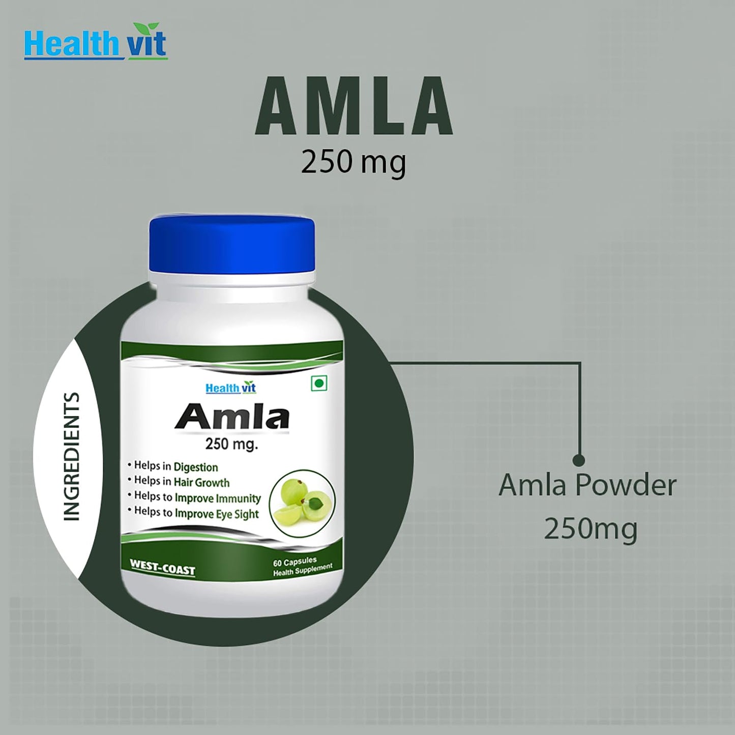 Healthvit Amla 60 Capsules 250mg | Organic Amla Without Sugar & Skin Foods Glow Mix | Amla | Priority Glow Mix Pack of 60 capsules Good For Immunity,Rich Source Of Vitamin C