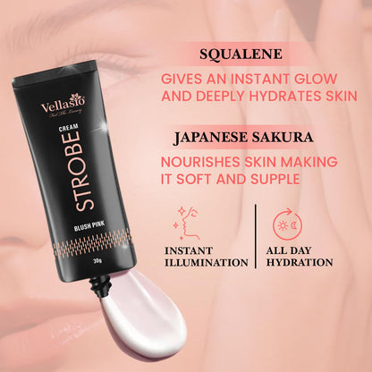 Vellasio Strobe Cream - Blush Pink | Face Illuminator & Primer with Hyaluronic Acid, Squalene & Japanese Sakura | Dewy Glow, Hydration, Non-Comedogenic for All Skin Types - 30g