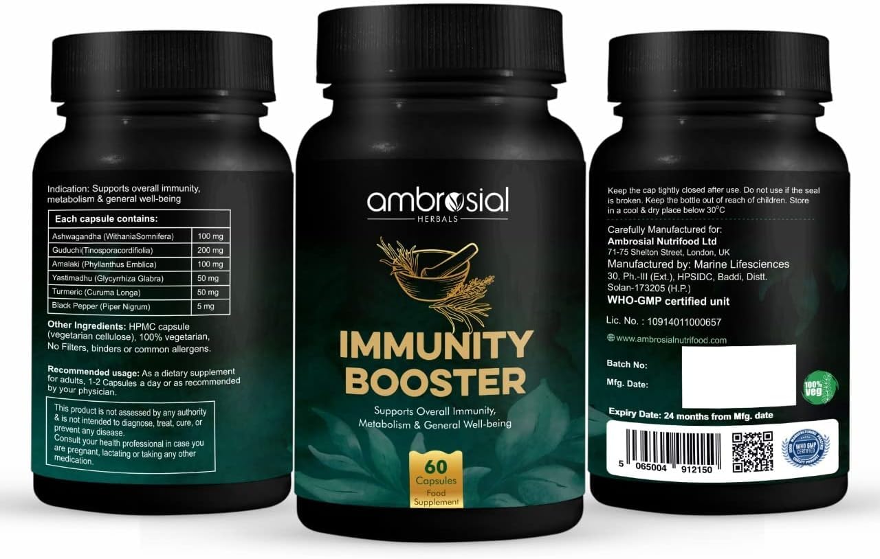 Ambrosial Herbal Immunity Booster Immunity Supplements with Blend of 6 Natural Herbs: Amla, Ashwagandha, Giloy, Turmeric, Black Pepper & Licorice | Immune Booster for Adults (Pack of 1 60 Capsules)