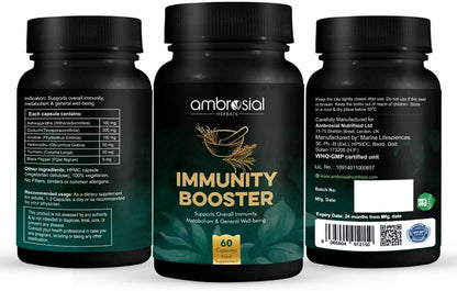 Ambrosial Herbal Immunity Booster Immunity Supplements with Blend of 6 Natural Herbs: Amla, Ashwagandha, Giloy, Turmeric, Black Pepper & Licorice | Immune Booster for Adults (Pack of 1 60 Capsules)