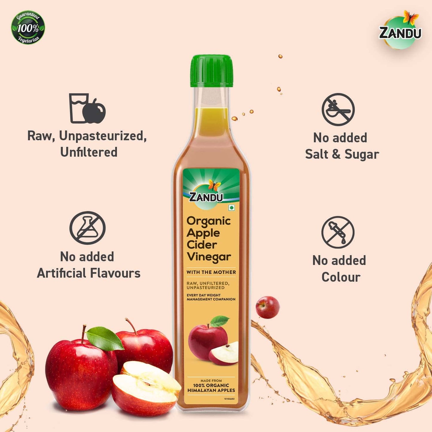 Zandu Organic Apple Cider Vinegar with Mother | Scientifically Tested | Raw, Unfiltered, Unpasteurized | Supports Healthy Weight & Digestion | 100% Organic Apples | 500ml