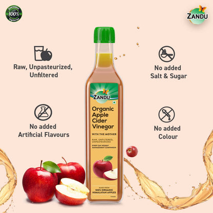 Zandu Organic Apple Cider Vinegar with Mother | Scientifically Tested | Raw, Unfiltered, Unpasteurized | Supports Healthy Weight & Digestion | 100% Organic Apples | 500ml