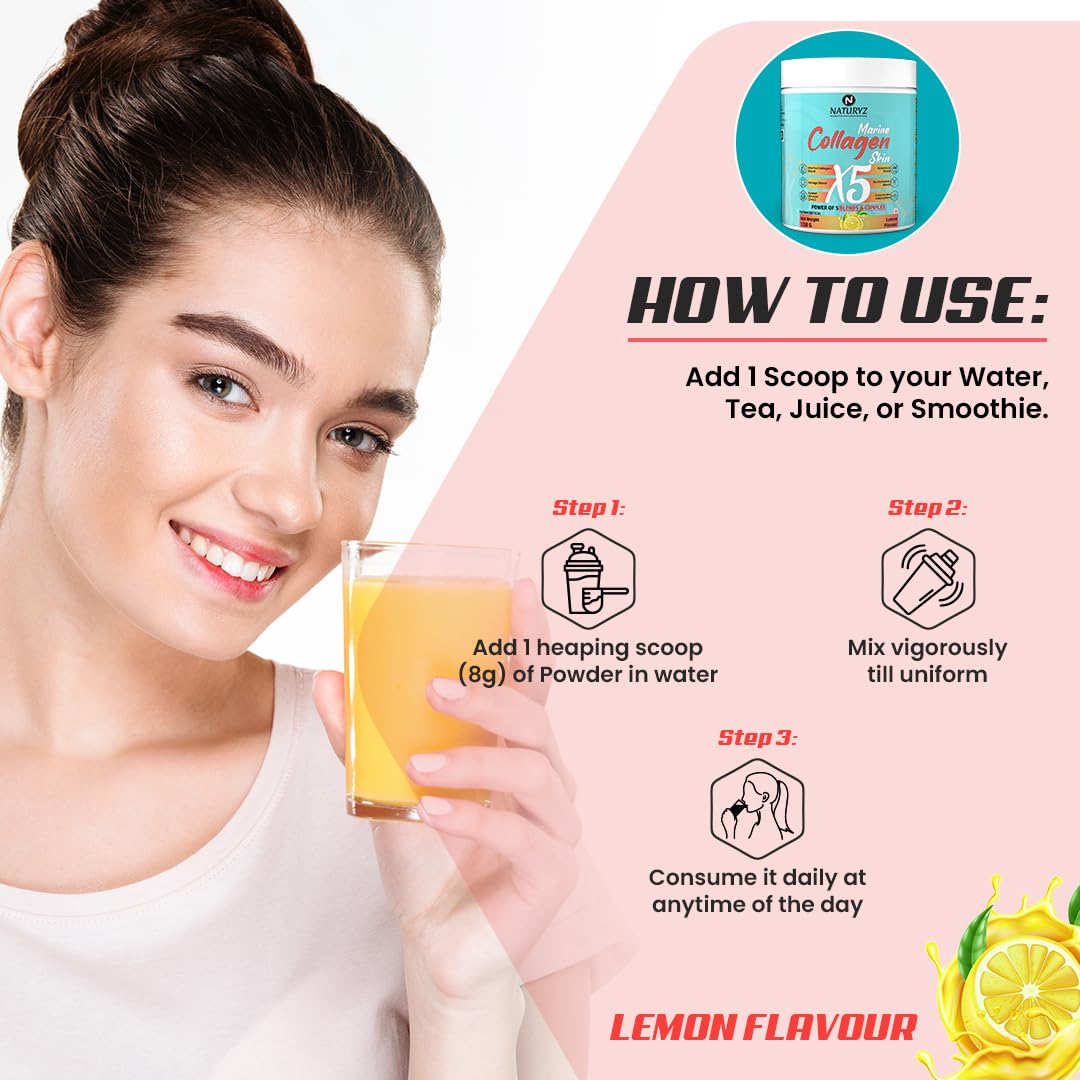 NATURYZ Marine Collagen Skin X5 for Women & Men | Premium Collagen Peptides | Power of 5 Blends | Hyaluronic acid, Biotin & Vitamin E | Supports Skin Radiance, Healthy Hair, Nails, Bone & Joints â€“ 150g(Lemon Flavour)