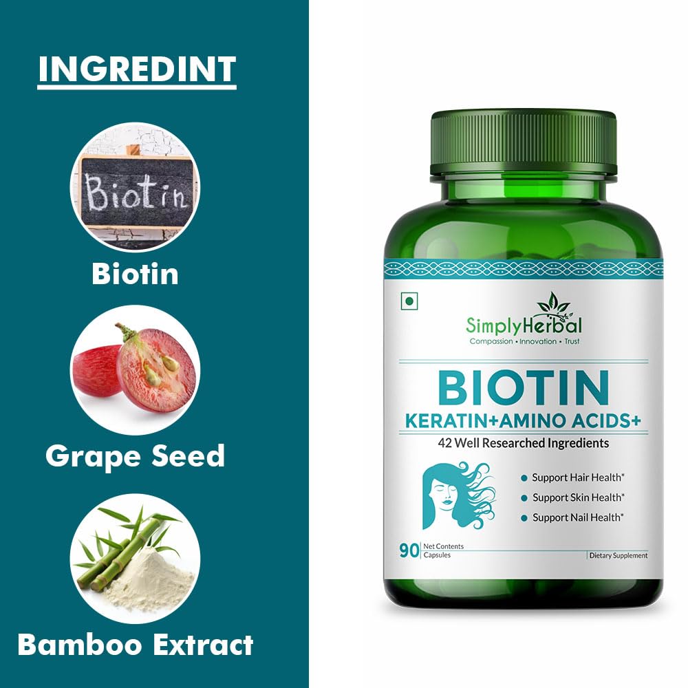 Simply Herbal Natural Biotin Vitamin B7 Capsules for Hair & Skin Enriched With Keratin + Multivitamin + Amino For Men Women (90 Capsules)