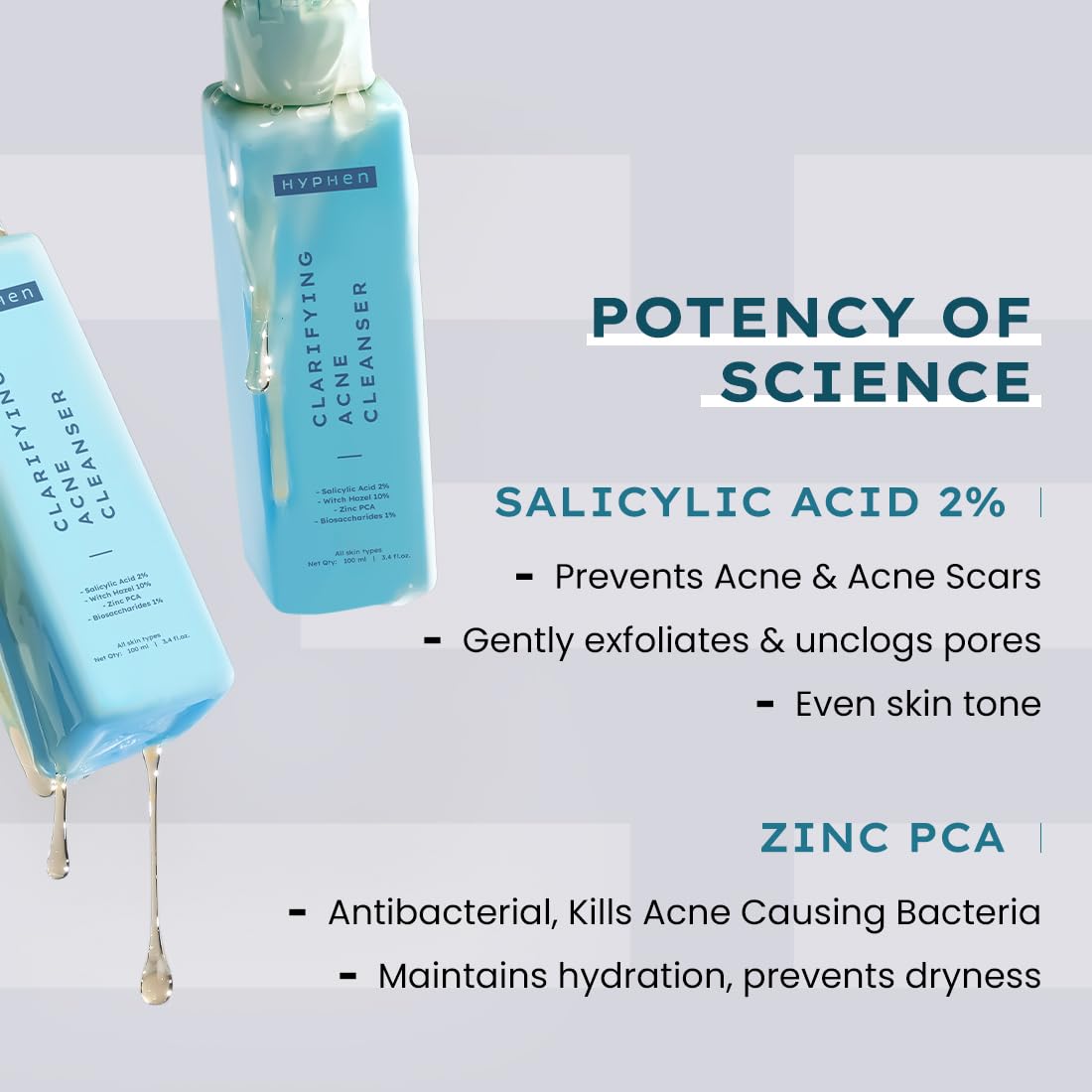 Hyphen Clarifying Acne Face Wash for Women and Men | Cleanser For Acne Prone Skin with Salicylic Acid 2%, Zinc PCA, Witch Hazel 10% | Oil Control Pore Cleasning | Antibacterial & Non-Drying - 100ml