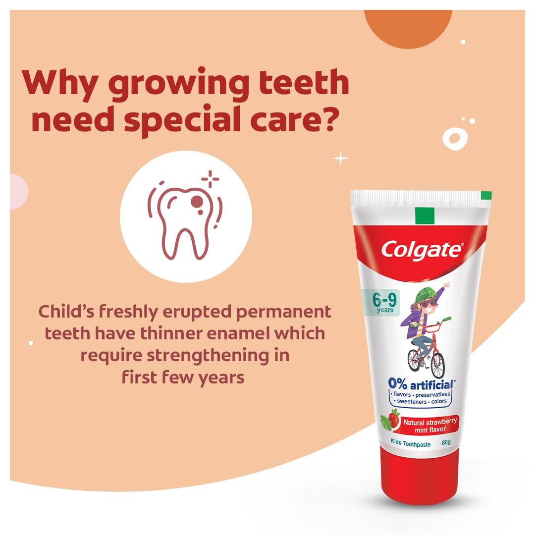 Colgate Kids Toothpaste with 0% Artificial Preservatives, Colours, Sweeteners for Whitening (6-9 Years, Natural Strawberry Mint Flavour - 80g Tube)