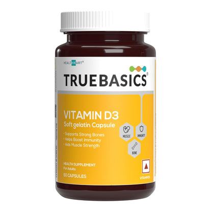 TrueBasics Vitamin D3 600 IU, for Healthy Bones, Strong Muscles, Boosts Immunity & Calcium Absorption, 50 Vitamin D Capsules